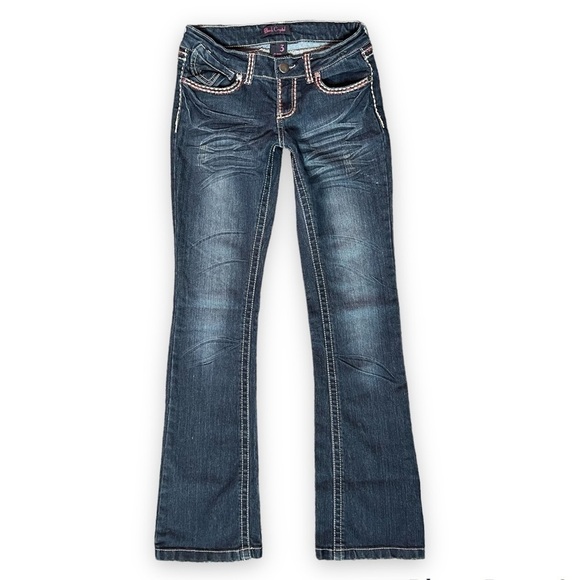 Black Crystal Jeans Dark Denim Thick Stitch Bootcut Junior’s 3 - Picture 1 of 4
